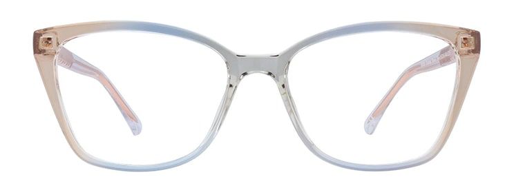 Cat-eye glasses crafted from plastic, featuring a smooth gradient blend of pinky-brown and blue-grey tones.