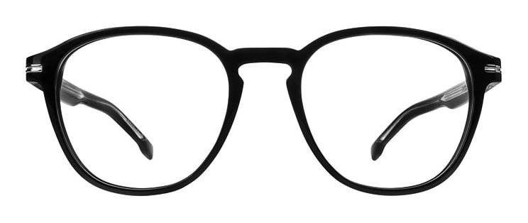 Black plastic oval oversized Hugo Boss Asian-fit frames with a keyhole bridge and silver temple accents.