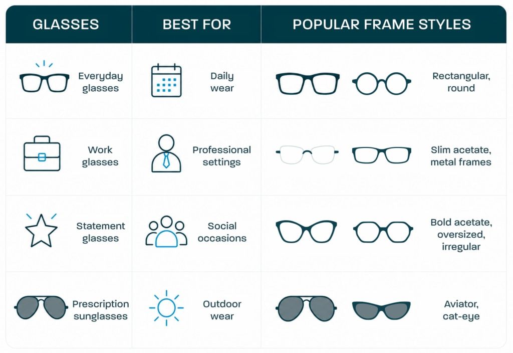Infographic showing the four essential pairs in an eyewear wardrobe: everyday glasses, work glasses, statement glasses and prescription sunglasses, with recommended uses and popular frame styles for each.