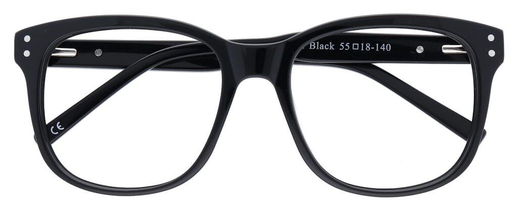 A pair of black acetate square glasses with large lenses and silver rivets.