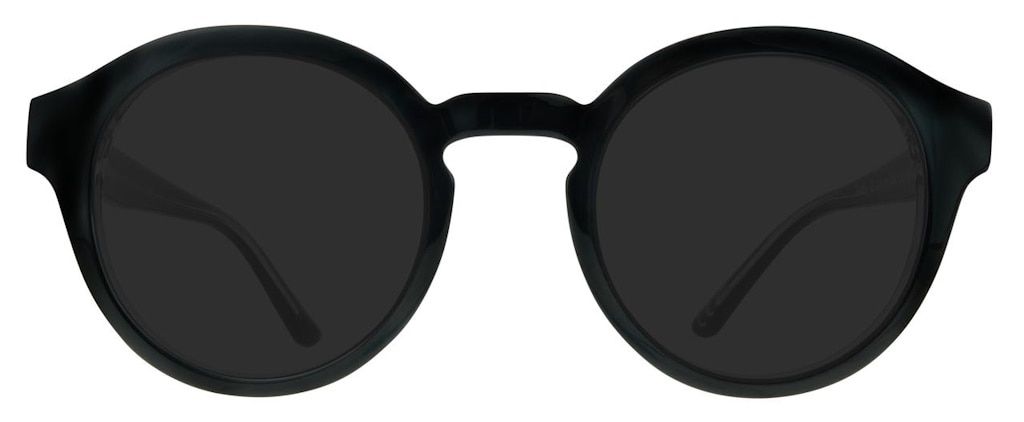 A pair of thick black acetate sunglasses with rounded lenses and a keyhole bridge.