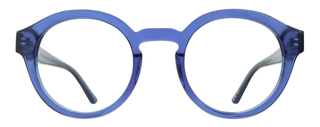 A bright-blue round frame made of transparent acetate with a keyhole bridge.