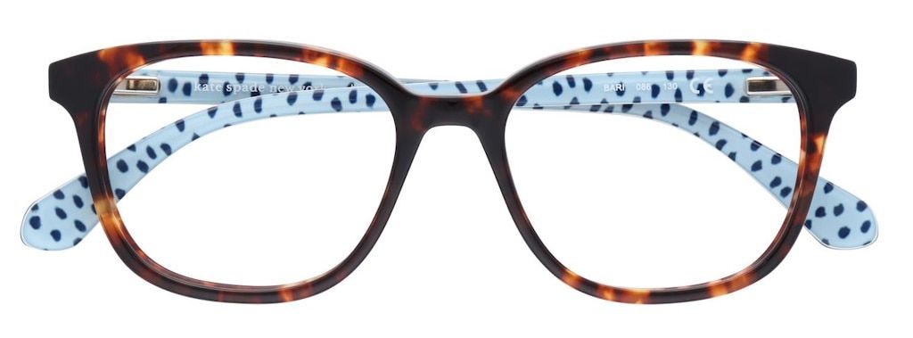 Havana acetate frames in a soft cat eye shape, with light blue arms that have dark blue spots on them