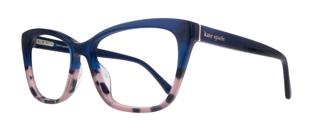 A contemporary rectangular Kate Spade frame with peaked corners. Crafted from acetate, it has a modern gradient aesthetic with navy blue at the top and a purple and black spotted design at the bottom. It features the brand signature along the temples.