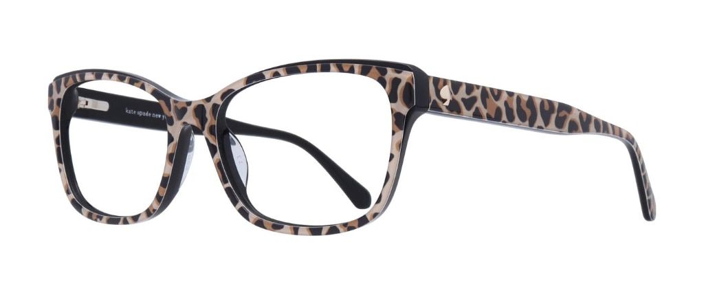 A subtle square Kate Spade frame in a bold leopard print, featuring the signature spade emblem in gold metal along the temples.