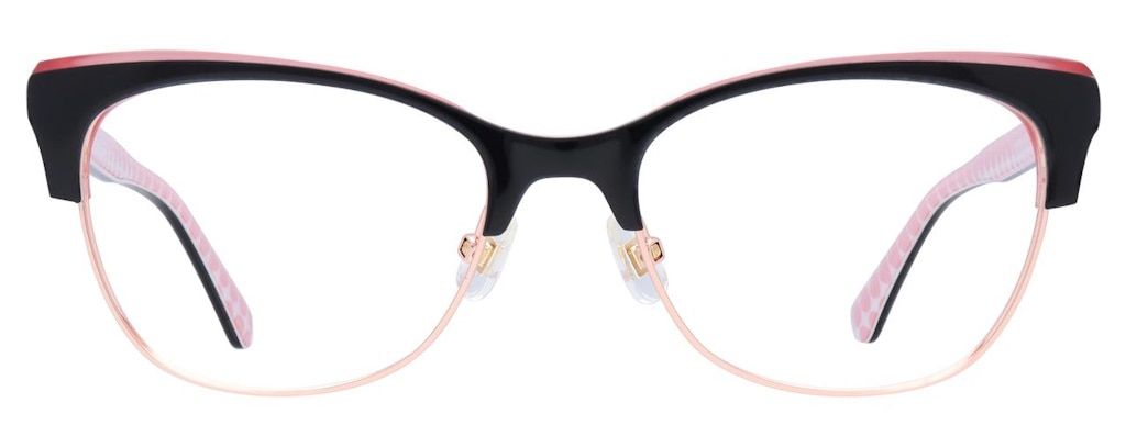 Cat-eye glasses with metal rims and a black acetate brow. The brow and arms are pink on the inside.