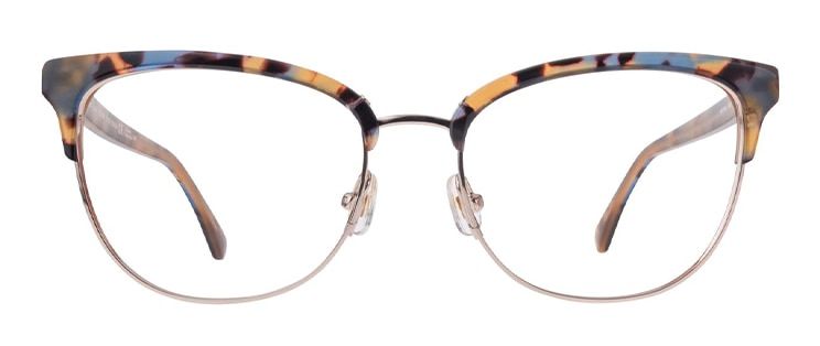 Shiny oval-shaped blue-and-brown tortoiseshell frames with sleek metal rims and clear nose pads.