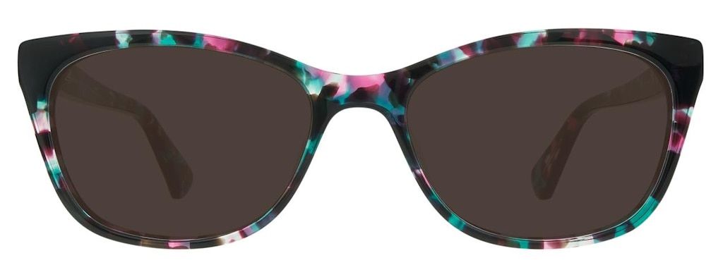 Small rectangular Kate Spade sunglasses in pink and turquoise Havana acetate.