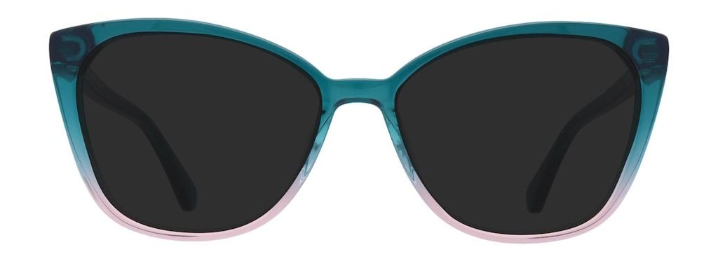 A turquoise pair of cat-eye sunglasses whose colour fades towards pink at the bottom of the frame