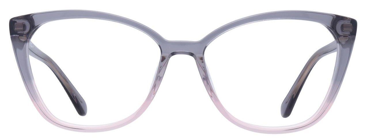 Small translucent pink and grey Kate Spade cat-eye glasses with a low-bridge fit.