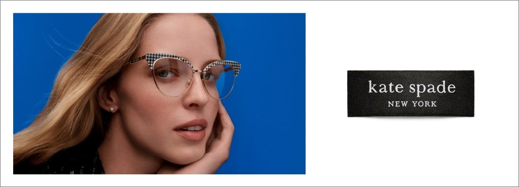 Young woman wearing a patterned metal Kate Spade frame alongside the Kate Spade logo