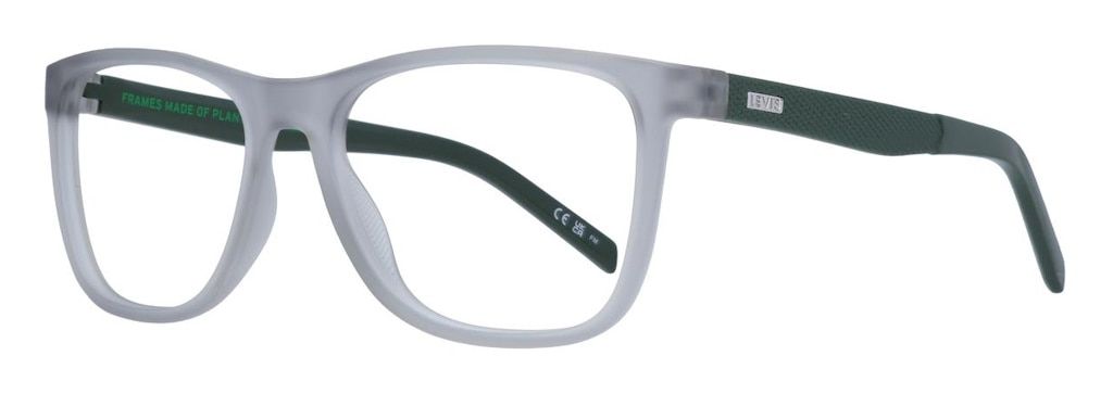 Square glasses made from acetate, with a light grey front and dark green arms