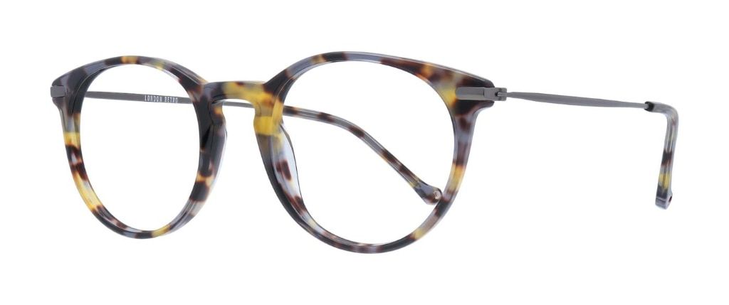 A retro-style round frame with metal temples and a Havana acetate front. It features a keyhole bridge.