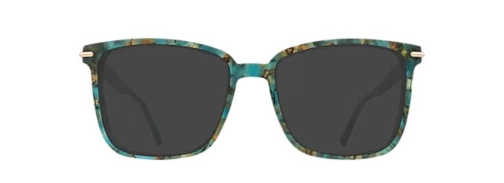 Large square acetate sunglasses in a bright blue, green and bronze Havana. The temples are embellished with metal accents.