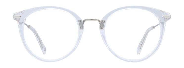 Large round London Retro glasses made of clear acetate with silver metal temples and nose bridge.
