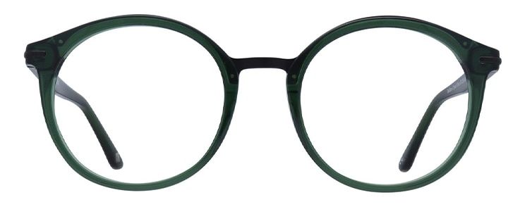 Round glasses made of dark olive-green acetate with a unique black metal nose bridge.
