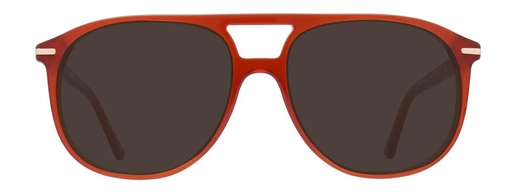 Orange acetate sunglasses with a double bridge and teardrop-shaped lenses