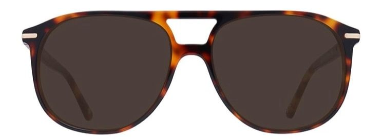 Pilot sunglasses made of acetate in a tortoiseshell colour. A metal bar runs along the sides and there is a cut-out detail between the bridge and brow.