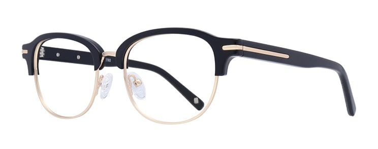 Round glasses in Clubmaster style, with a thick brow of black acetate
