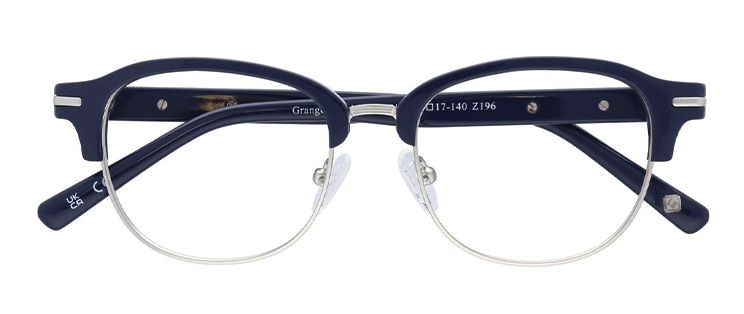 Browline-style blue acetate glasses with silver metal rims and rubber nose pads, folded.