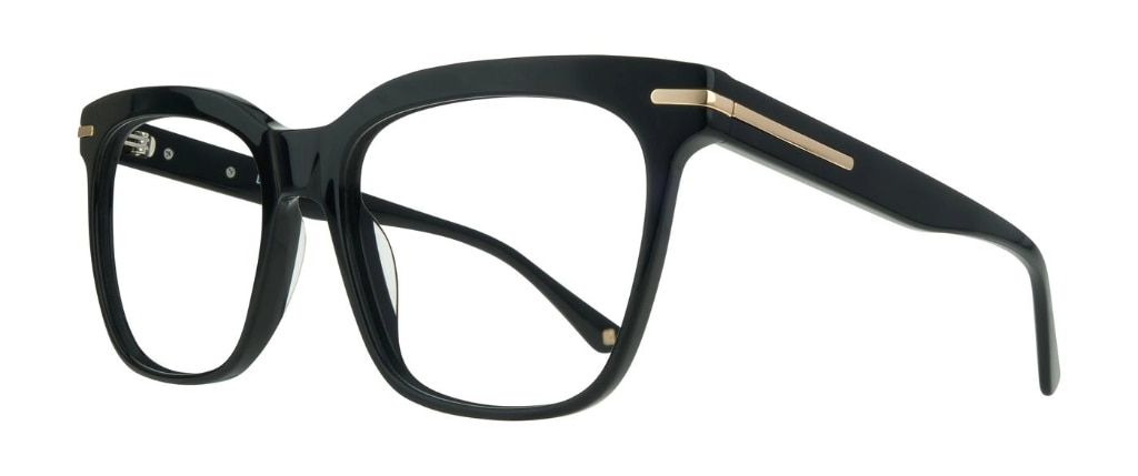 A black acetate frame with an oversized rectangular shape, featuring a sleek metal bar along the temples.