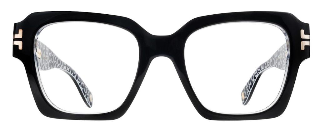 Oversized square black Marc Jacobs designer glasses with signature gold 'JJ' embellishments along the temples.