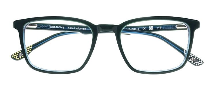 Rectangular dark-green acetate glasses with yellow stripes and New Balance branding, folded.