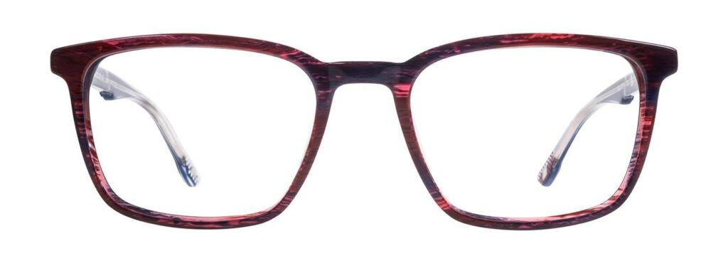 A pair of rectangular red patterned New Balance glasses.