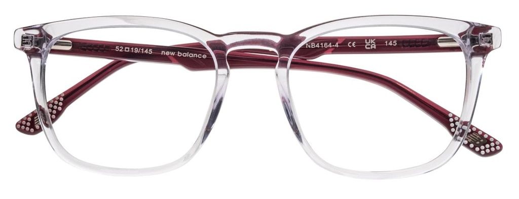 Square frames made of transparent acetate, with dark red arms