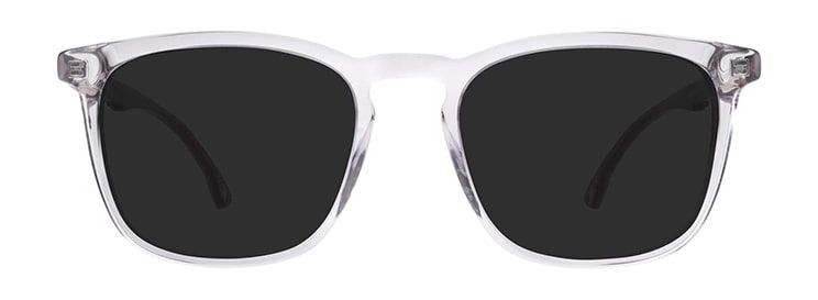 Square sunglasses made of transparent acetate with black and red temples that showcase signature New Balance branding. They feature a keyhole bridge.