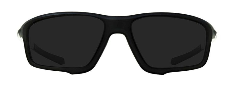 A square pair of sporty sunglasses made of a lightweight black nylon. The temples and nose bridge are lined with soft material for a comfortable fit. They feature the signature Oakley 'O' emblem in black on clear material along the temples.