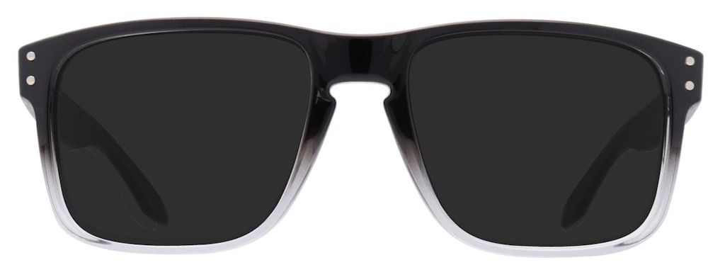 A square pair of plastic sunglasses that are black at the top and fade to transparent at the bottom