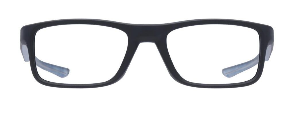 Oakley® Plank 2.0 rectangular glasses in satin black with blue temples.