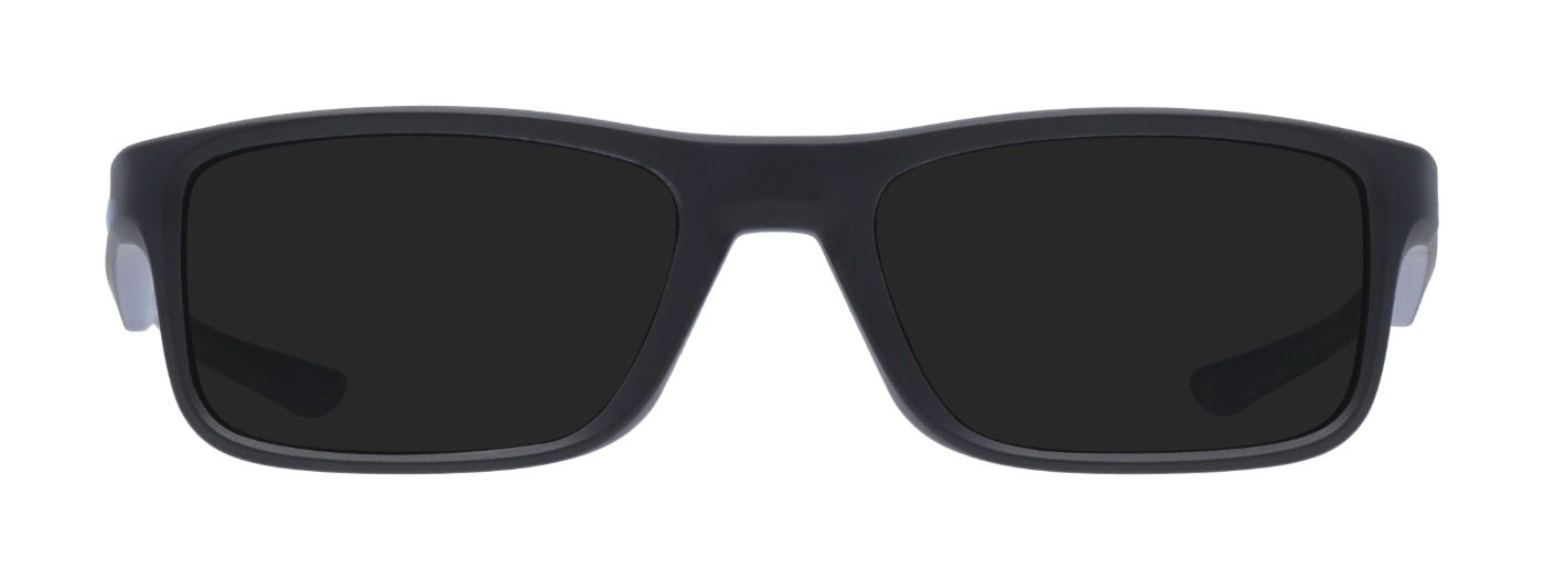 A small rectangular-shaped pair of Oakley sunglasses which are a transparent-blue colour.