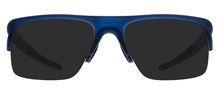 A bright blue pair of semi-rimless rectangular Oakley sunglasses made of plastic material.