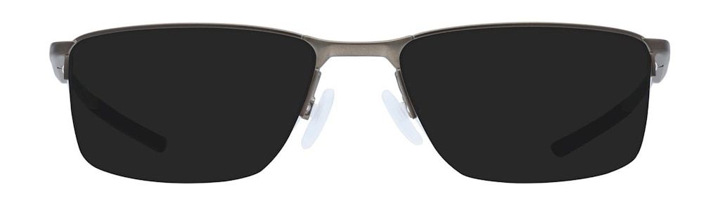 Semi-rimless rectangular Oakley Socket 5.5 sunglasses with a sleek metal frame, dark tinted lenses and clear adjustable nose pads.