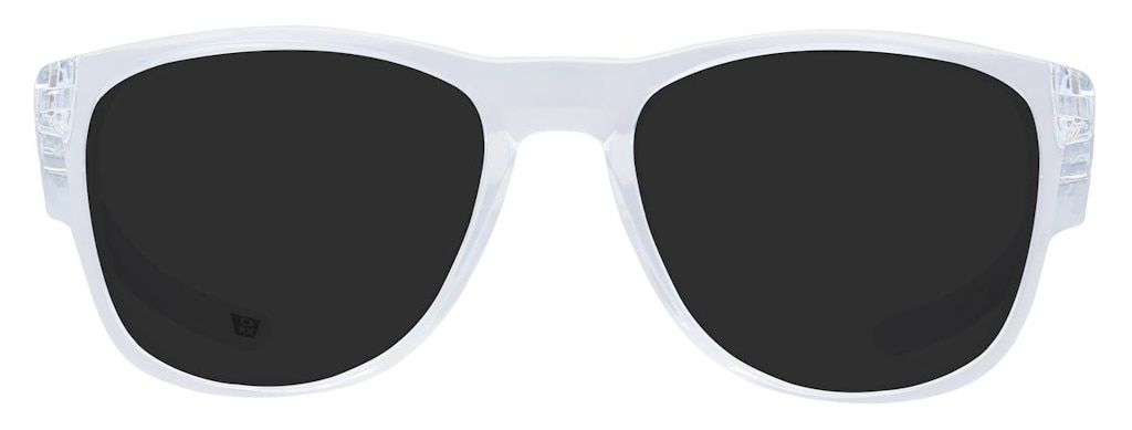 A pair of sunglasses with a transparent frame, sporting slightly rounded square lenses