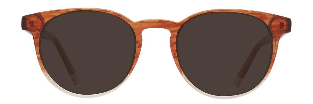 A round pair of acetate sunglasses whose frame features a brown wood pattern at the top that fades towards white at the bottom
