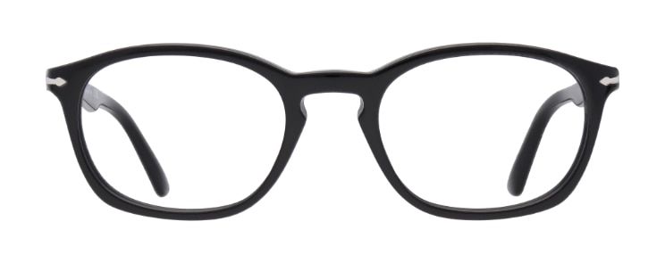 A pillow-shaped black Persol frame made of acetate with a keyhole bridge. It features the iconic metal arrow design along the temples.