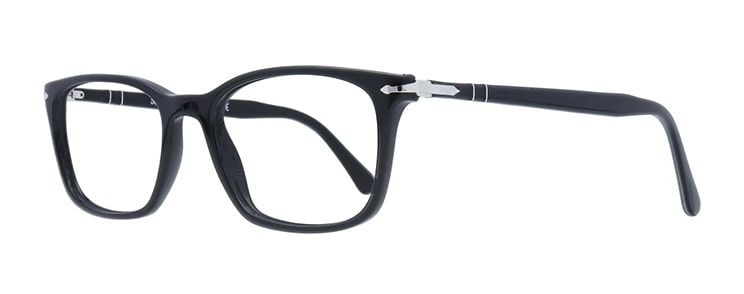 Slim black wayfarer glasses with Persol's silver meflecto detailing visible at the temples