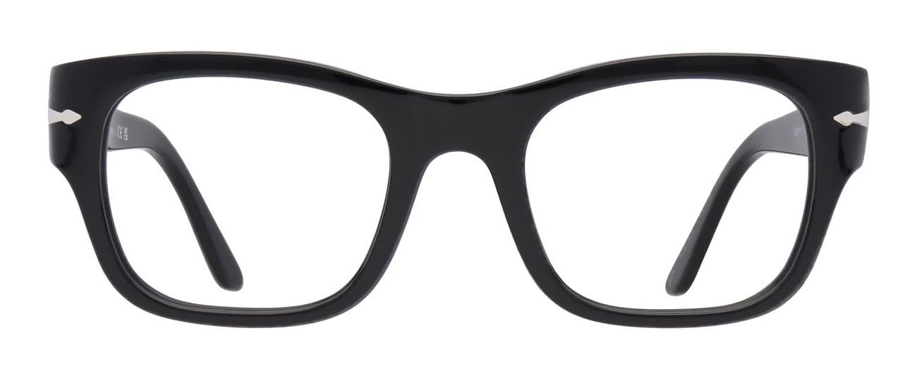 Black chunky rectangular Persol glasses with the signature silver arrow detail on the temples.