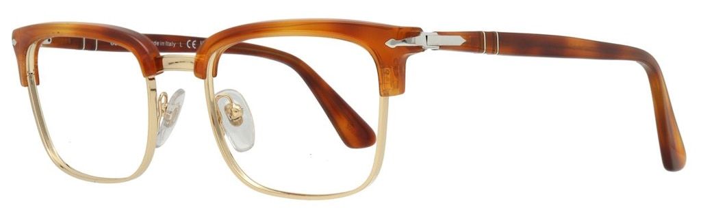 Rectangular glasses in a Clubmaster style. The rims around the lenses are made of metal, while the brows and arms are made of marbled acetate