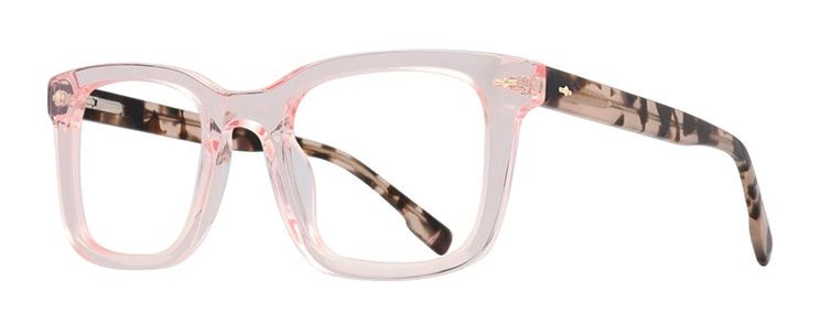 Square glasses with a front made from transparent pink acetate and tortoiseshell arms