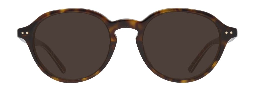 Oval-shaped Polo Ralph Lauren sunglasses made of dark Havana acetate. The word 'POLO' is embellished in silver along the temples.
