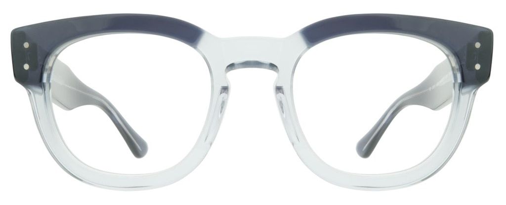 Ray-Ban Mega Hawkeye eyeglasses with an oversized square shape in transparent blue acetate, featuring metal pin accents and a distinctive keyhole bridge for a bold, retro-inspired look.