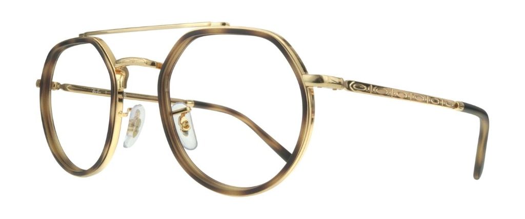 A modern geometric Ray-Ban frame with a square shape that is rounded off at the bottom. It is made of metal with tortoiseshell acetate lining the lenses and temple tips. It features a thin metal brow bar at the top and has rubber nose pads.