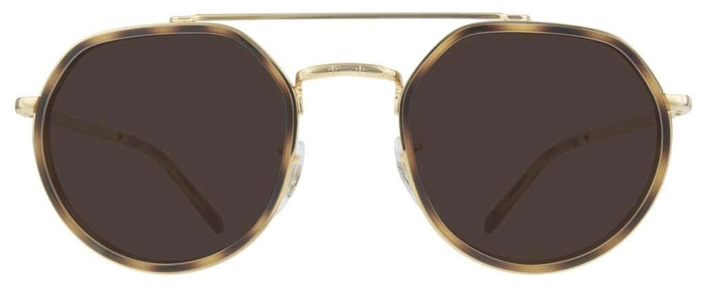 Gold patterned sunglasses frame with a double bridge and large rounded lenses