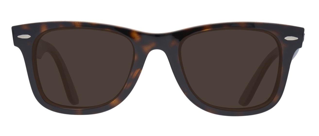 Front view of Ray-Ban Wayfarer Ease prescription sunglasses in a classic Havana finish, featuring a timeless square frame and sleek metal pin accents, designed for everyday outdoor wear.