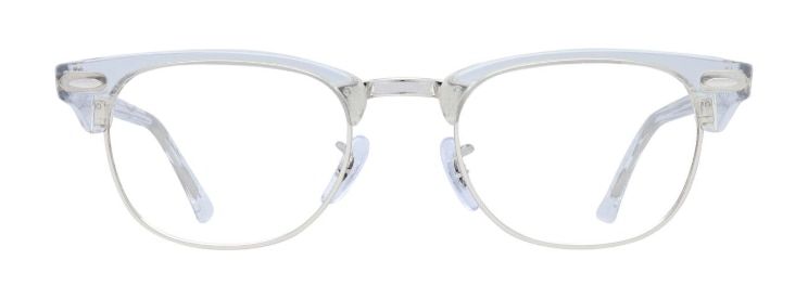 Classic Ray-Ban Clubmaster glasses with a transparent acetate top and metal around the lenses and along the nose bridge. It features adjustable rubber nose pads and signature pin detailing.