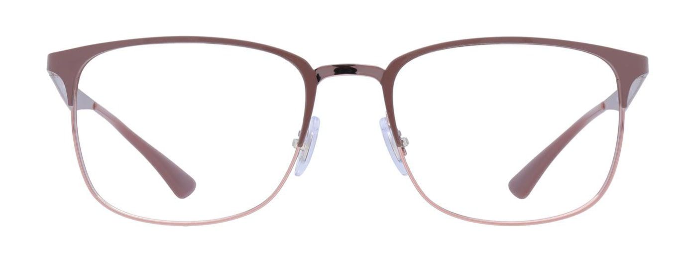 Ray-Ban RB6421 square metal glasses in a two-tone, beige-and-copper finish with a slightly wider upper frame and adjustable nose pads.